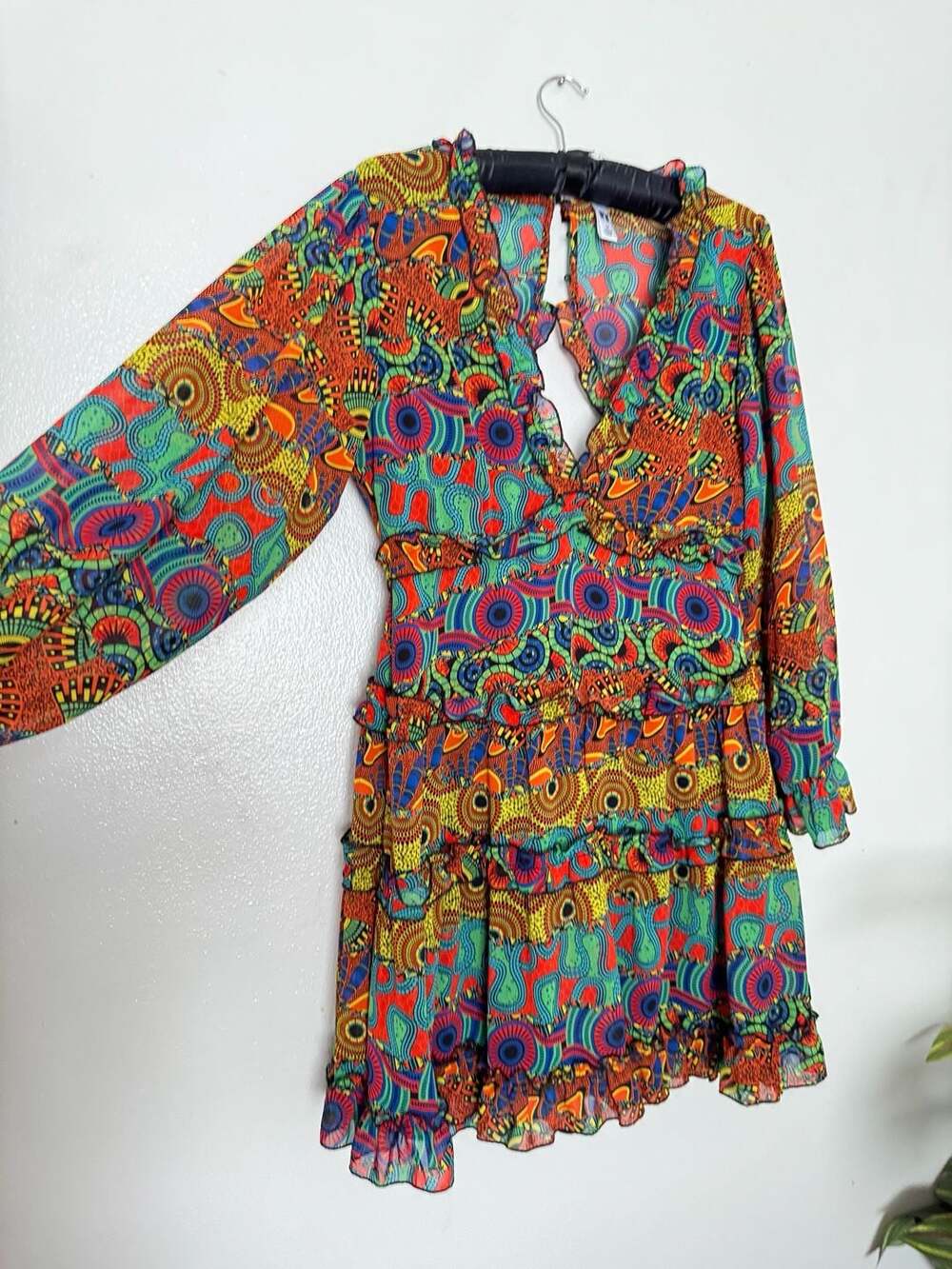 It's Fashion Colorful Patterned Long Sleeve Ruffle Mini Dress